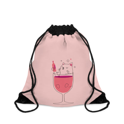 Cute Cat in Wine Glass Drawstring Bag — Pink Kitty Wine Lover Gym Sack