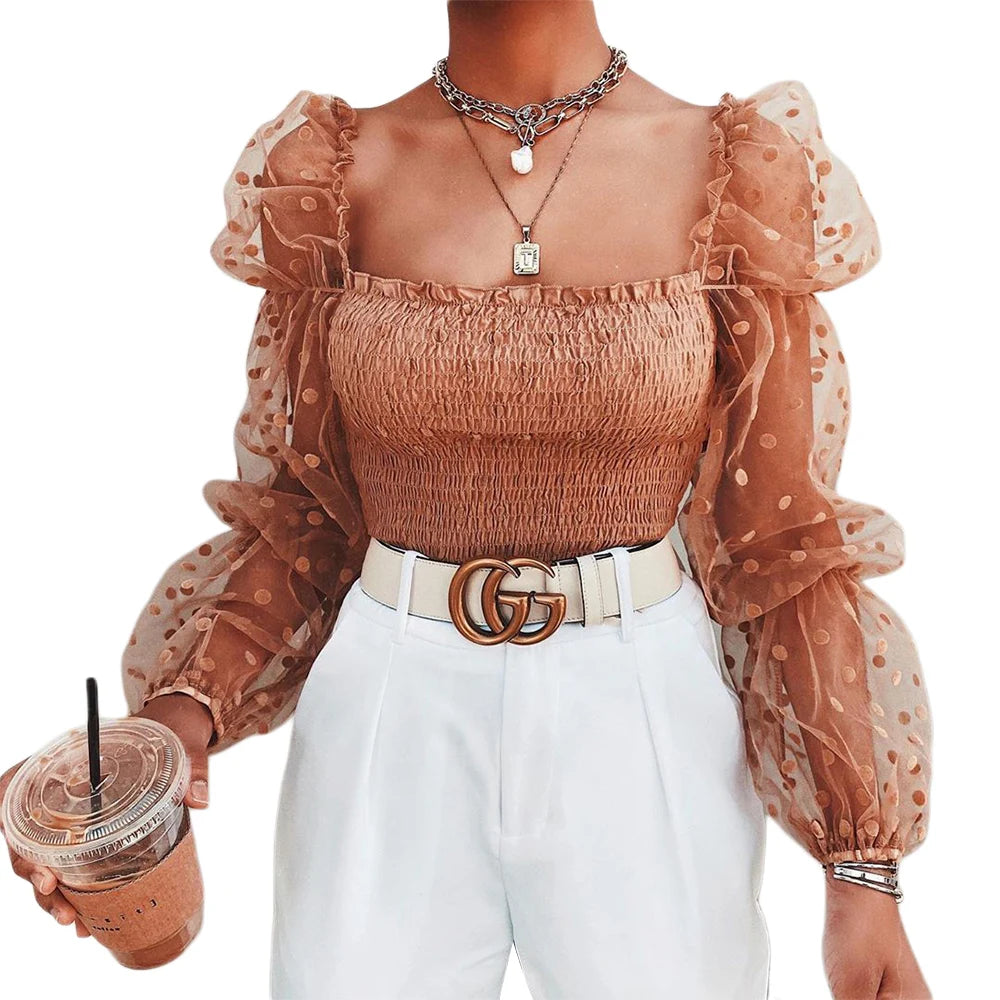 Sexy Women Square neck Lace Long Sleeve Blouse Shirts