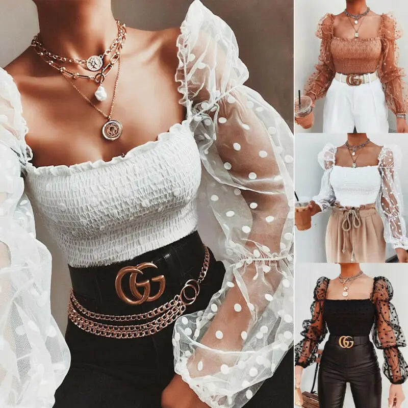 Sexy Women Square neck Lace Long Sleeve Blouse Shirts