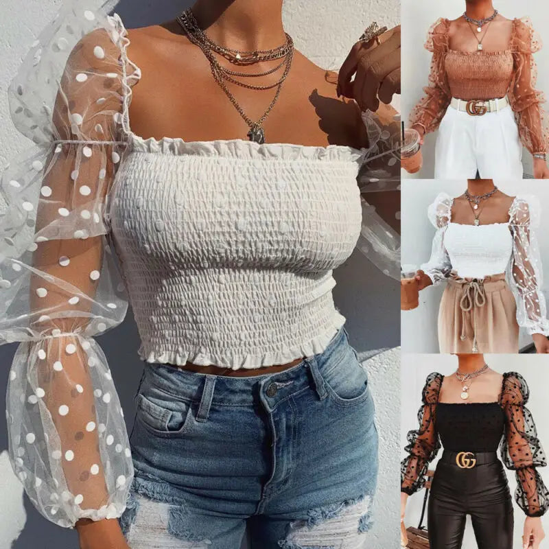 Sexy Women Square neck Lace Long Sleeve Blouse Shirts