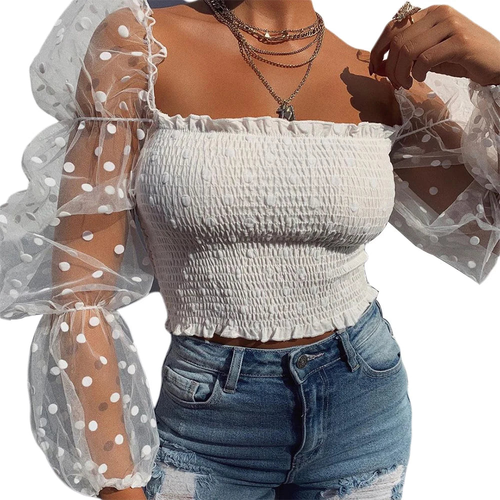 Sexy Women Square neck Lace Long Sleeve Blouse Shirts
