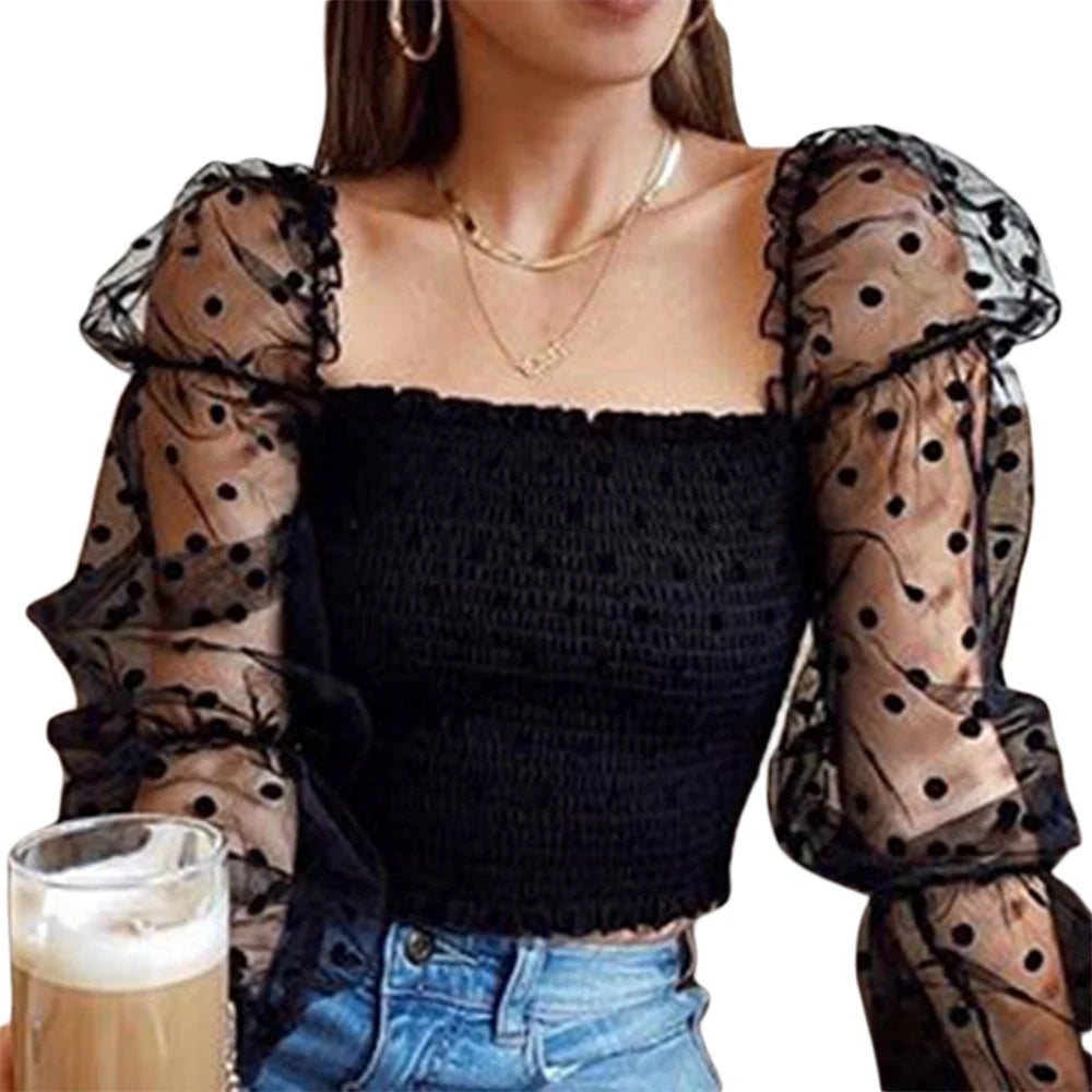 Sexy Women Square neck Lace Long Sleeve Blouse Shirts