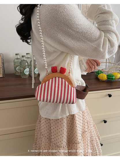 Cute Striped Kiss Lock Mini Bag with Pearl Chain Crossbody Purse Vintage Wooden Frame Small Shoulder Bag for Kids