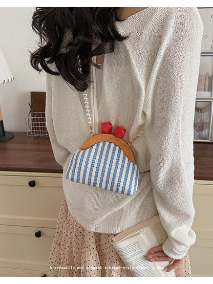 Cute Striped Kiss Lock Mini Bag with Pearl Chain Crossbody Purse Vintage Wooden Frame Small Shoulder Bag for Kids