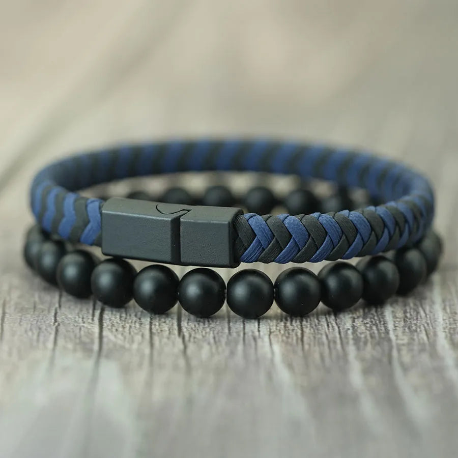 Fashion 2Pcs/set Leather Rope Beaded Bracelet Men Handmade Braided Magnetic Clasp Braslet 8mm Matte Stone Riding Hombre Jewelry