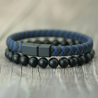 Fashion 2Pcs/set Leather Rope Beaded Bracelet Men Handmade Braided Magnetic Clasp Braslet 8mm Matte Stone Riding Hombre Jewelry