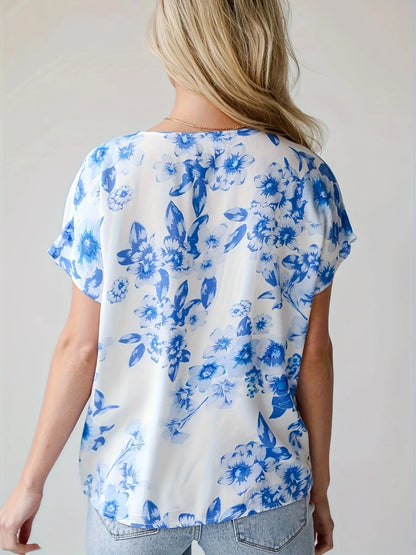 Women's Elegant Summer Floral Print V-Neck Fashion Shirt, Suitable for Daily Work, Shopping, and Party Wear