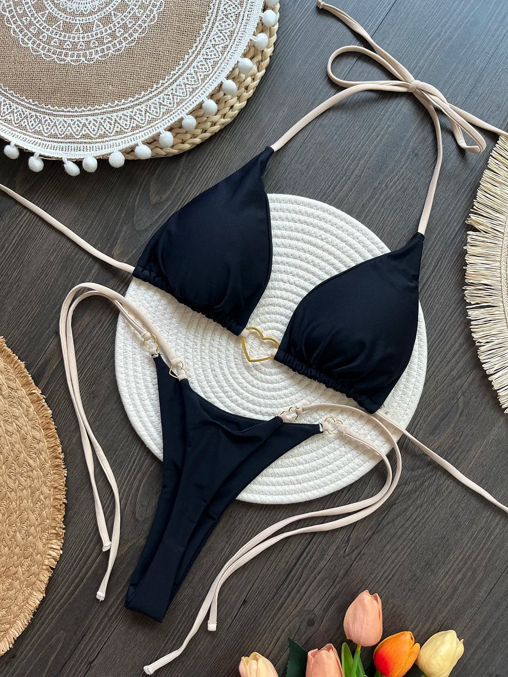 New Solid Color White Bikini Women suit Low Waist Lace-up Fashionable Swimsuit Two-piece Set