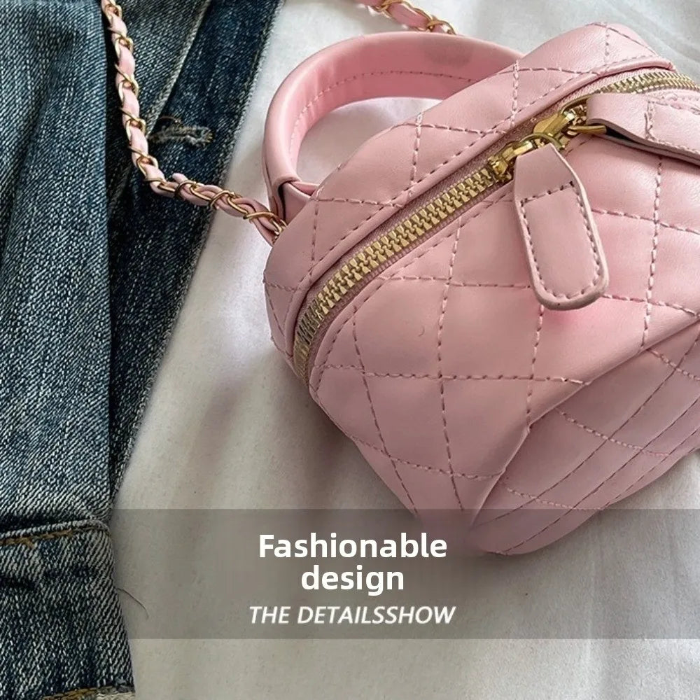 Mini Diamond Quilted Leather Bucket Bag Multi-Color with Gold Chain Shoulder Strap Plaid Chain Bag Checkered Pattern