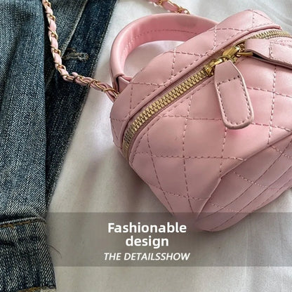 Mini Diamond Quilted Leather Bucket Bag Multi-Color with Gold Chain Shoulder Strap Plaid Chain Bag Checkered Pattern