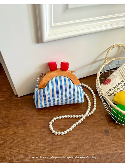 Cute Striped Kiss Lock Mini Bag with Pearl Chain Crossbody Purse Vintage Wooden Frame Small Shoulder Bag for Kids