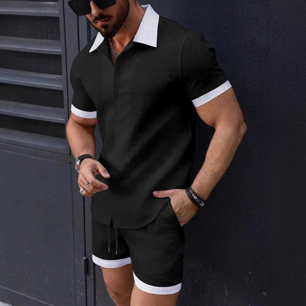 New trend Men's suit Solid color Cotton Linen Short sleeve jacquard Shirt and Shorts