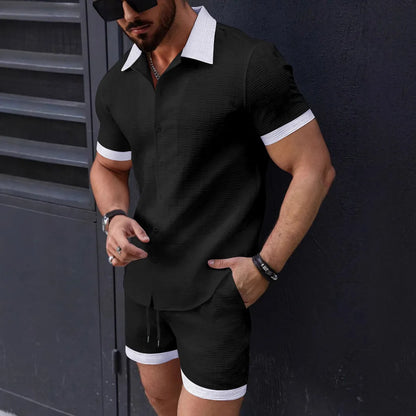 New trend Men's suit Solid color Cotton Linen Short sleeve jacquard Shirt and Shorts