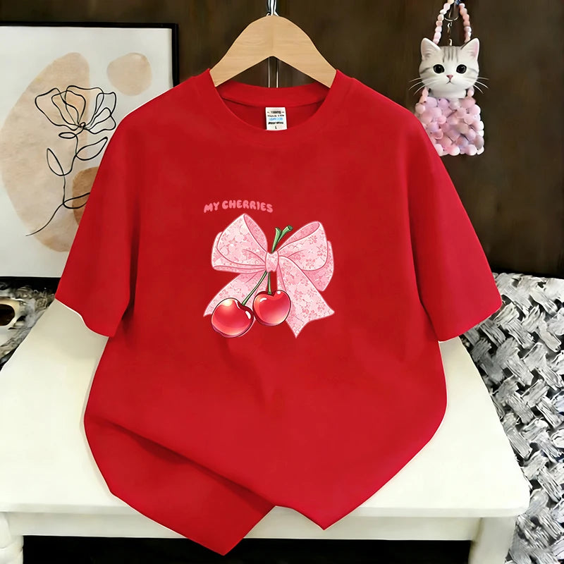 Women's Casual T-Shirt Cute Bow Print Loose Short Sleeve Tee Summer Fashion Tops New Sweet Clothes