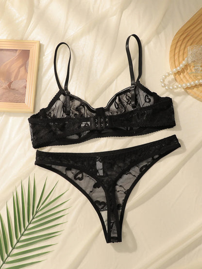 Sexy Black Lace Underwire Bra Set Push Up None Padded Demi Cup Women Lingerie Matching Panty Bikini Briefs