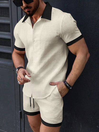 New trend Men's suit Solid color Cotton Linen Short sleeve jacquard Shirt and Shorts