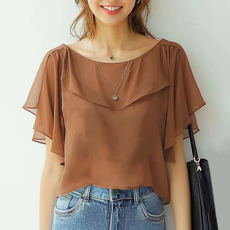ZANZEA Women Chiffon Blouse Elegant Short Sleeve Shirt 2024 Summer Korean Fashion Solid Tops Tunic Casual Loose Ruffle Hem Blusa
