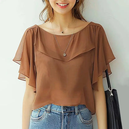 ZANZEA Women Chiffon Blouse Elegant Short Sleeve Shirt 2024 Summer Korean Fashion Solid Tops Tunic Casual Loose Ruffle Hem Blusa