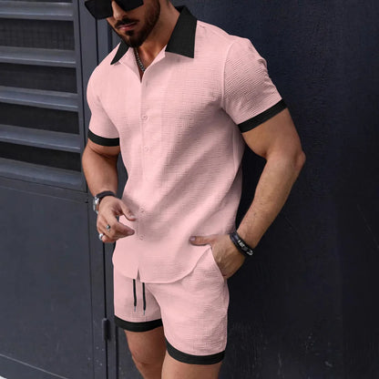 New trend Men's suit Solid color Cotton Linen Short sleeve jacquard Shirt and Shorts