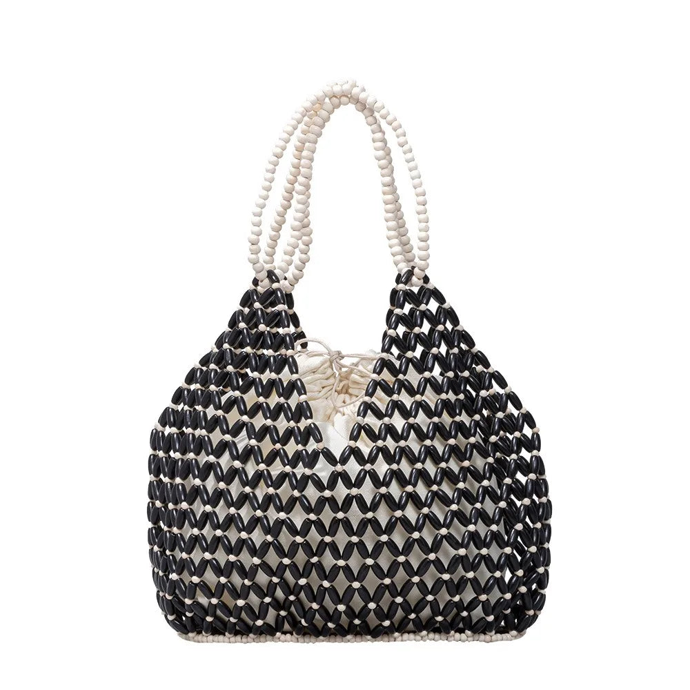 Fashion Natural Wood Beads Shoulder Bag Women Tote Handbag Holiday Beach Vacation Casual Purse