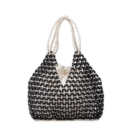 Fashion Natural Wood Beads Shoulder Bag Women Tote Handbag Holiday Beach Vacation Casual Purse