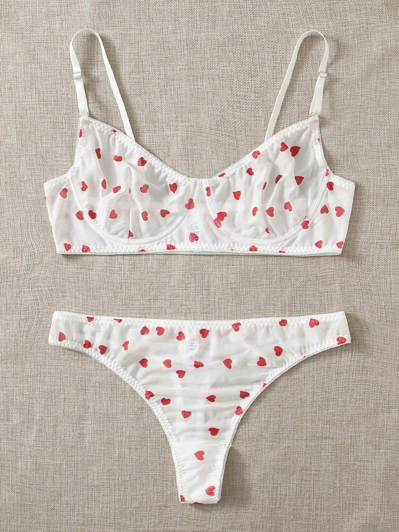 Women’s Bra Set – Sexy Heart Print Lingerie with Push-Up Bra & Body Shorts, Transparent Fancy Intimate Underwear