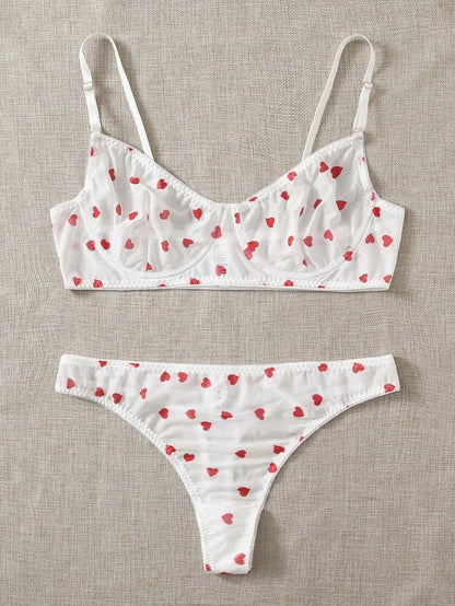 Women’s Bra Set – Sexy Heart Print Lingerie with Push-Up Bra & Body Shorts, Transparent Fancy Intimate Underwear