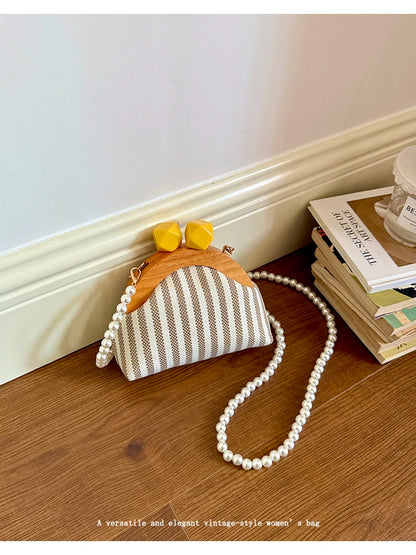 Cute Striped Kiss Lock Mini Bag with Pearl Chain Crossbody Purse Vintage Wooden Frame Small Shoulder Bag for Kids
