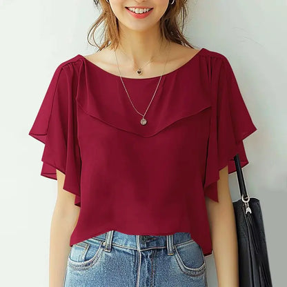 ZANZEA Women Chiffon Blouse Elegant Short Sleeve Shirt 2024 Summer Korean Fashion Solid Tops Tunic Casual Loose Ruffle Hem Blusa