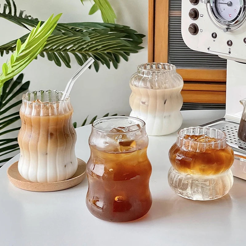 Drinking Glasses Cup   Coffee Milk Juice Mug Cup Transparent Water Bottle Iced Coffee Stripe Cups 텀블러