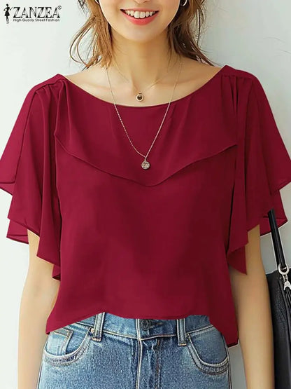 ZANZEA Women Chiffon Blouse Elegant Short Sleeve Shirt 2024 Summer Korean Fashion Solid Tops Tunic Casual Loose Ruffle Hem Blusa