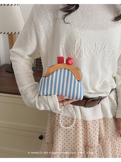 Cute Striped Kiss Lock Mini Bag with Pearl Chain Crossbody Purse Vintage Wooden Frame Small Shoulder Bag for Kids