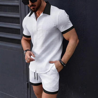 New trend Men's suit Solid color Cotton Linen Short sleeve jacquard Shirt and Shorts