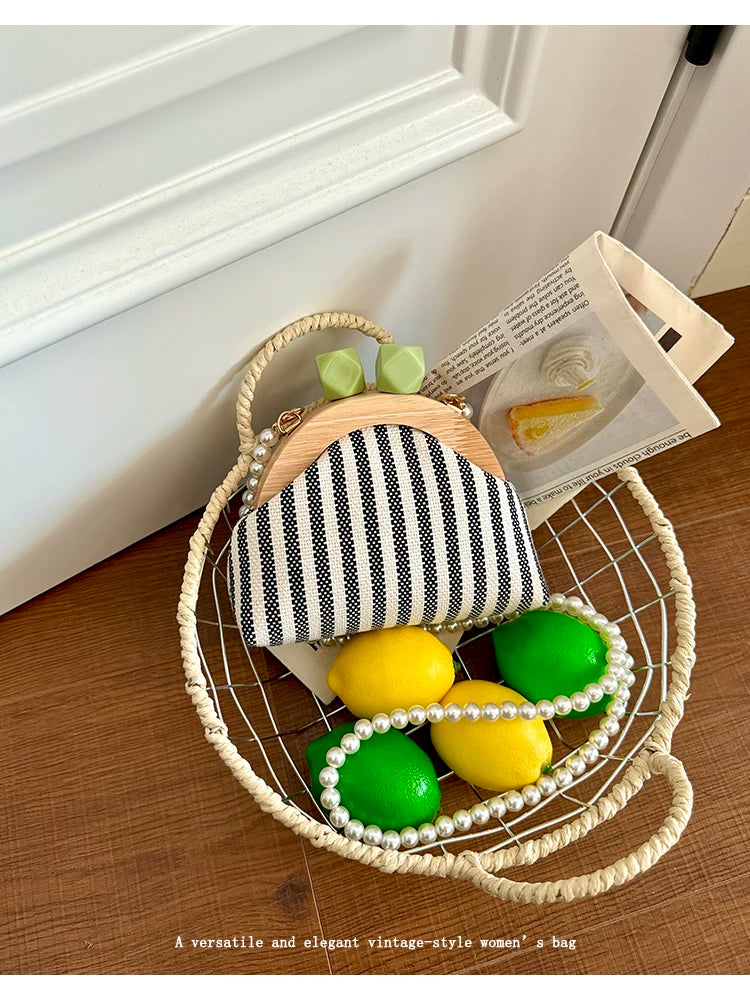 Cute Striped Kiss Lock Mini Bag with Pearl Chain Crossbody Purse Vintage Wooden Frame Small Shoulder Bag for Kids