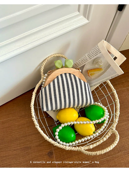 Cute Striped Kiss Lock Mini Bag with Pearl Chain Crossbody Purse Vintage Wooden Frame Small Shoulder Bag for Kids