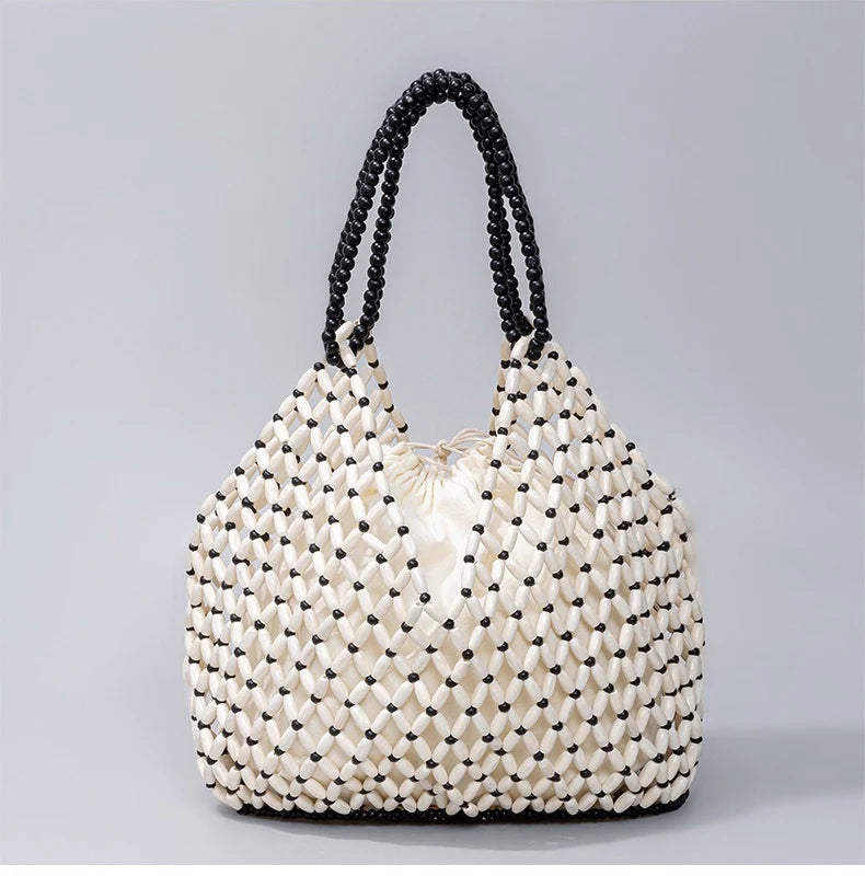 Fashion Natural Wood Beads Shoulder Bag Women Tote Handbag Holiday Beach Vacation Casual Purse