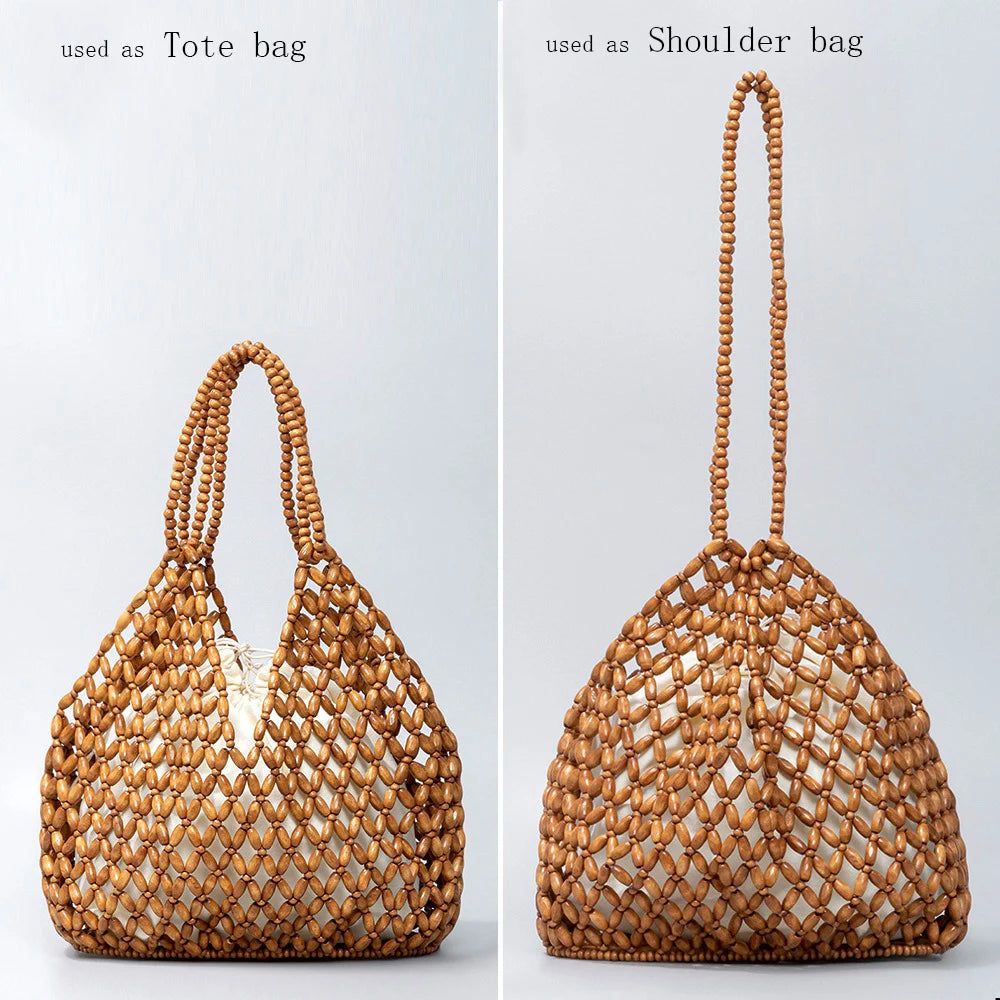 Fashion Natural Wood Beads Shoulder Bag Women Tote Handbag Holiday Beach Vacation Casual Purse