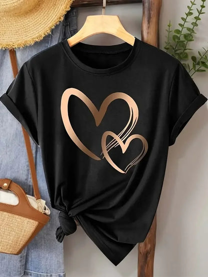 Summer New Fashion Women's Heart Printed T-shirt Trendy Casual Round Neck Top Short Sleeves Women T-shirt Women Clothing