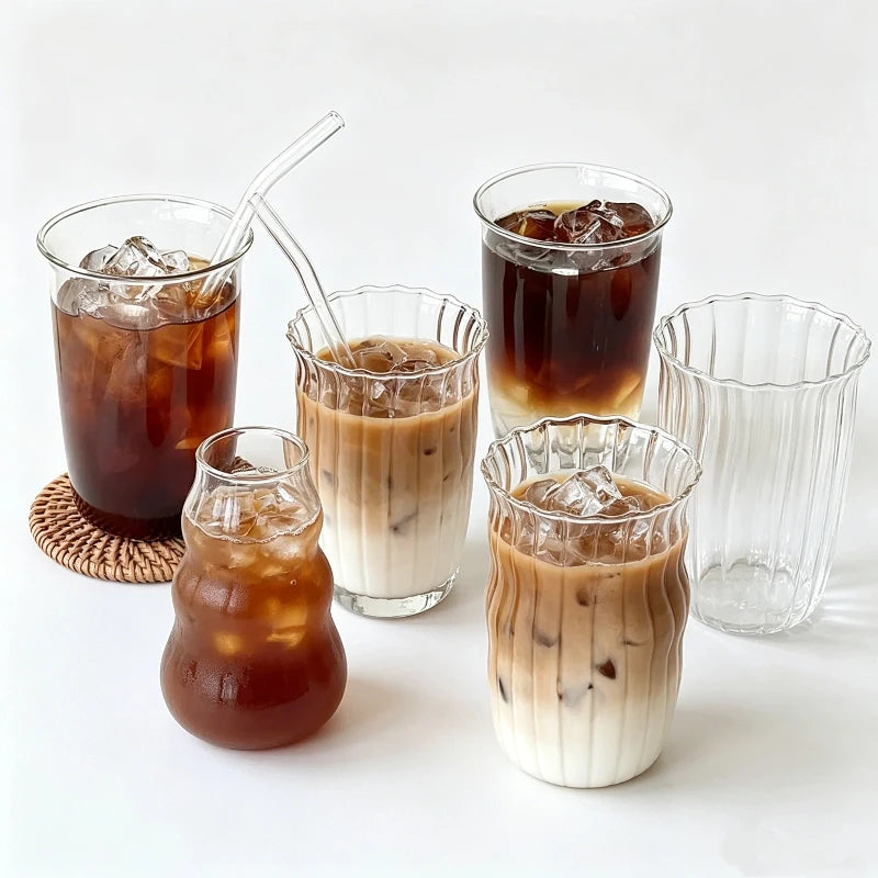 Drinking Glasses Cup   Coffee Milk Juice Mug Cup Transparent Water Bottle Iced Coffee Stripe Cups 텀블러