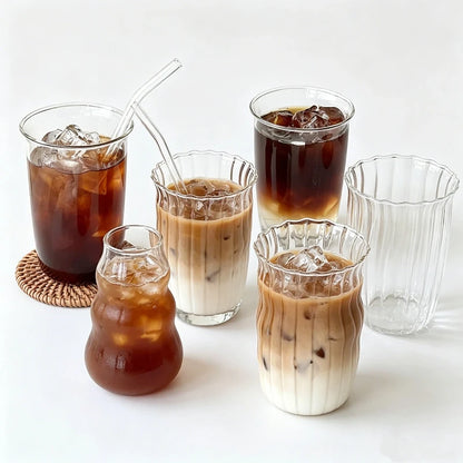 Drinking Glasses Cup   Coffee Milk Juice Mug Cup Transparent Water Bottle Iced Coffee Stripe Cups 텀블러