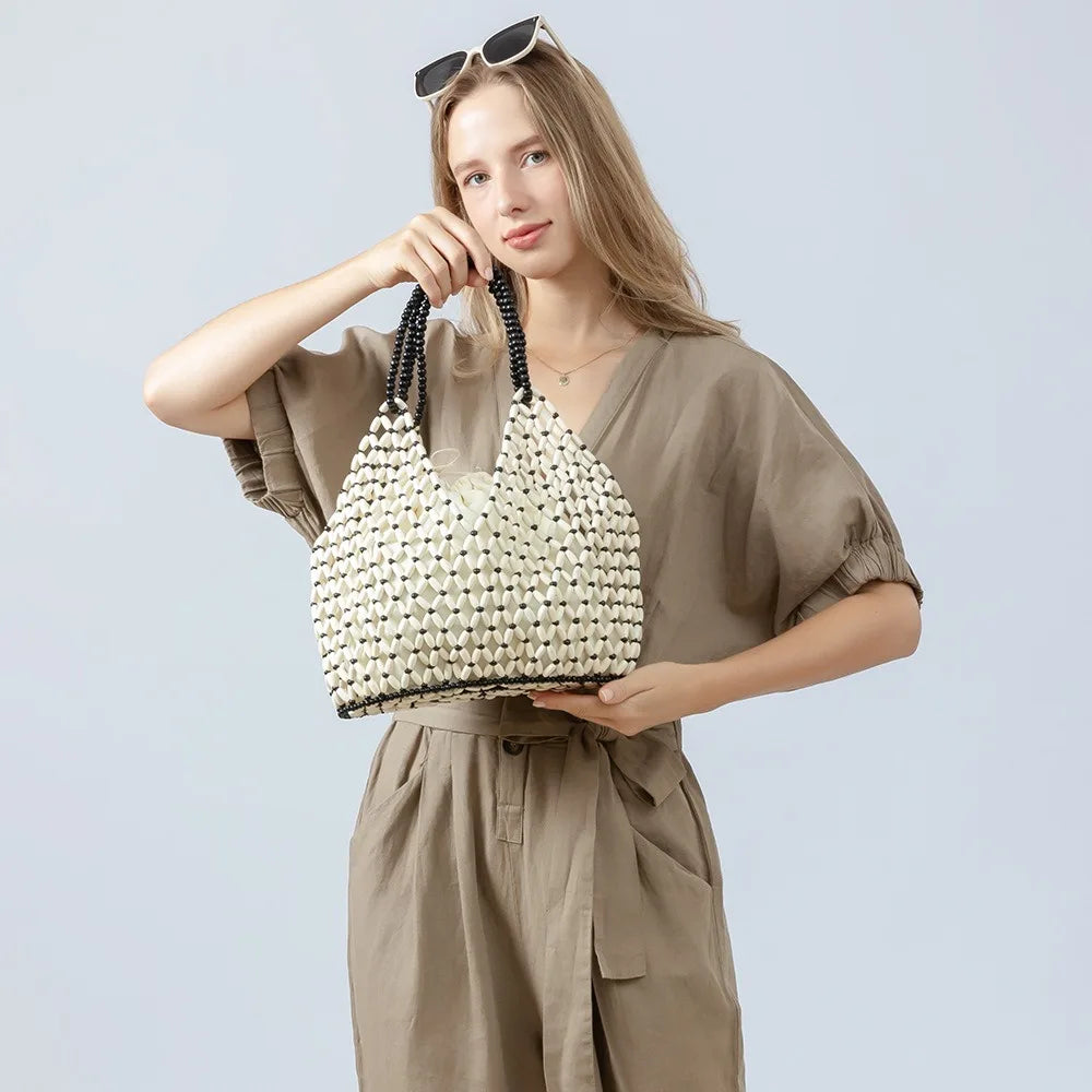 Fashion Natural Wood Beads Shoulder Bag Women Tote Handbag Holiday Beach Vacation Casual Purse