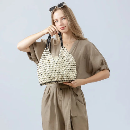 Fashion Natural Wood Beads Shoulder Bag Women Tote Handbag Holiday Beach Vacation Casual Purse