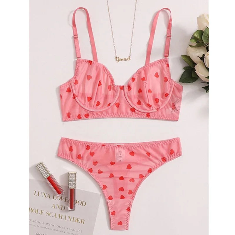 Women’s Bra Set – Sexy Heart Print Lingerie with Push-Up Bra & Body Shorts, Transparent Fancy Intimate Underwear