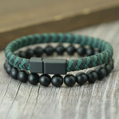 Fashion 2Pcs/set Leather Rope Beaded Bracelet Men Handmade Braided Magnetic Clasp Braslet 8mm Matte Stone Riding Hombre Jewelry