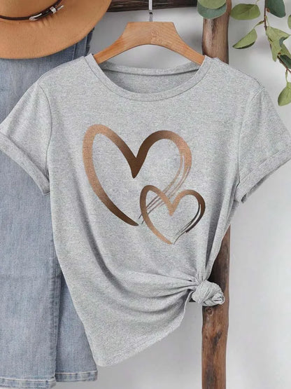 Summer New Fashion Women's Heart Printed T-shirt Trendy Casual Round Neck Top Short Sleeves Women T-shirt Women Clothing