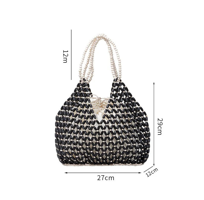Fashion Natural Wood Beads Shoulder Bag Women Tote Handbag Holiday Beach Vacation Casual Purse