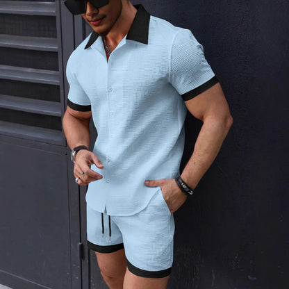 New trend Men's suit Solid color Cotton Linen Short sleeve jacquard Shirt and Shorts