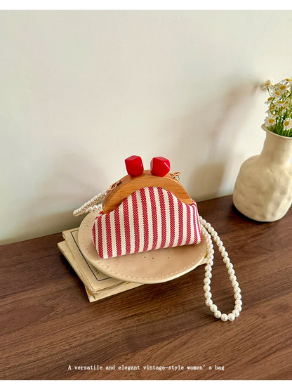 Cute Striped Kiss Lock Mini Bag with Pearl Chain Crossbody Purse Vintage Wooden Frame Small Shoulder Bag for Kids