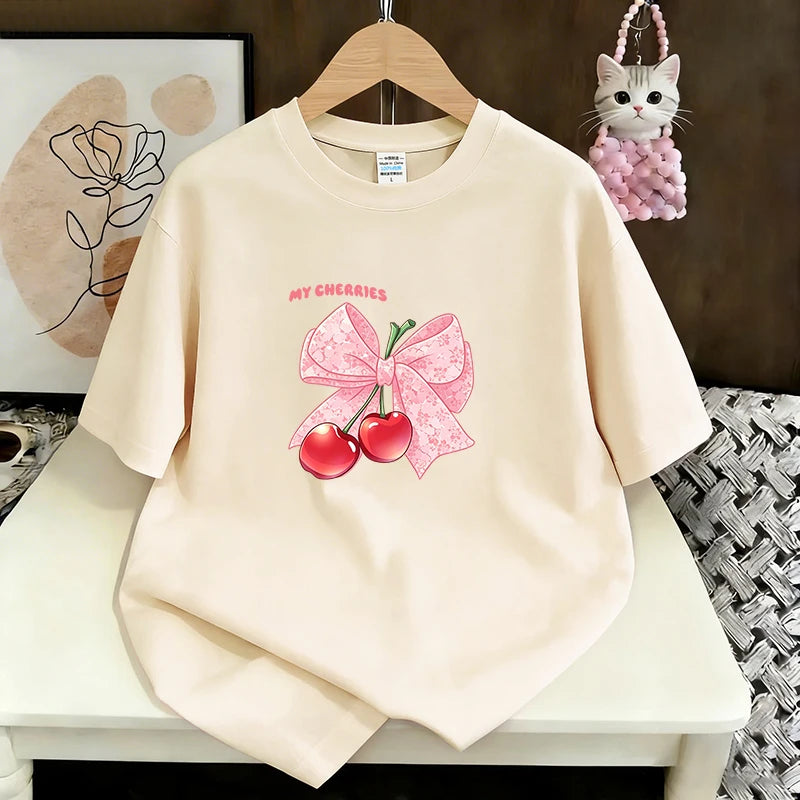 Women's Casual T-Shirt Cute Bow Print Loose Short Sleeve Tee Summer Fashion Tops New Sweet Clothes