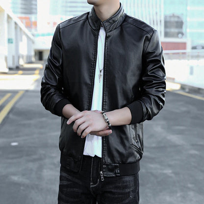 New  style leather jacket for men, spring-autumn men's clothing, fitted stand-up collar top coat